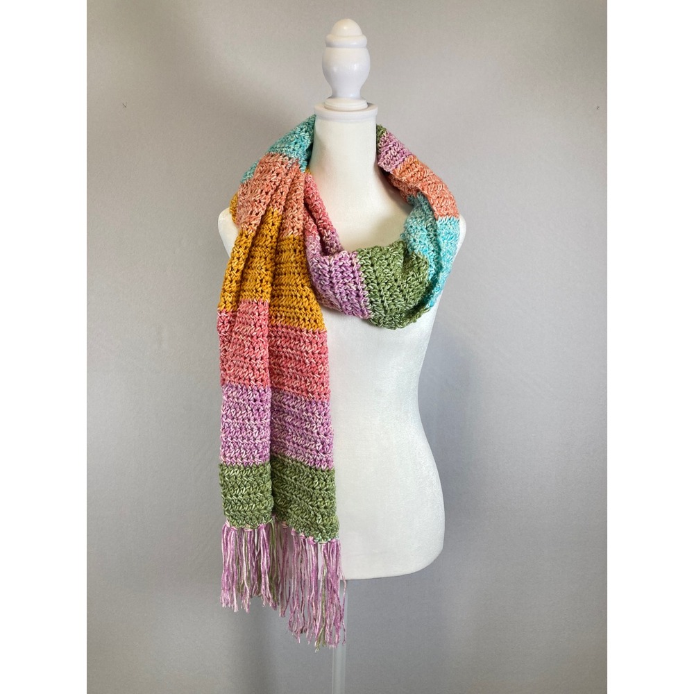 Boho Crochet Women Multicolor Rainbow Striped Fringe Chunky Scarf - Picture 2 of 6